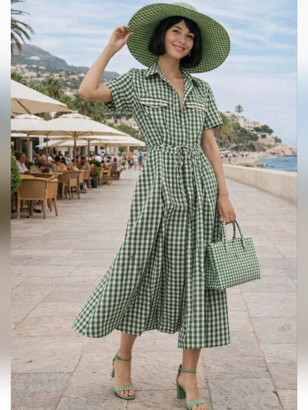 Zara Green and White Gingham Midi Shirt Dress - Picture 2 of 11